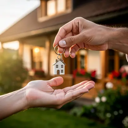 Close-up of hands exchanging house keys at a countryside guesthouse, warm natural light, welcoming atmosphere, shallow depth of field, high resolution lifestyle photography
