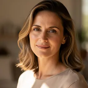 Portrait of a French woman in her late 30s, natural soft lighting, calm and confident expression, neutral indoor background, authentic lifestyle portrait, high resolution, warm natural colors
