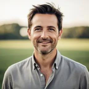 Portrait of a French man in his mid 30s, natural light, slight smile, outdoor countryside background softly blurred, authentic and approachable, high resolution, lifestyle photography
