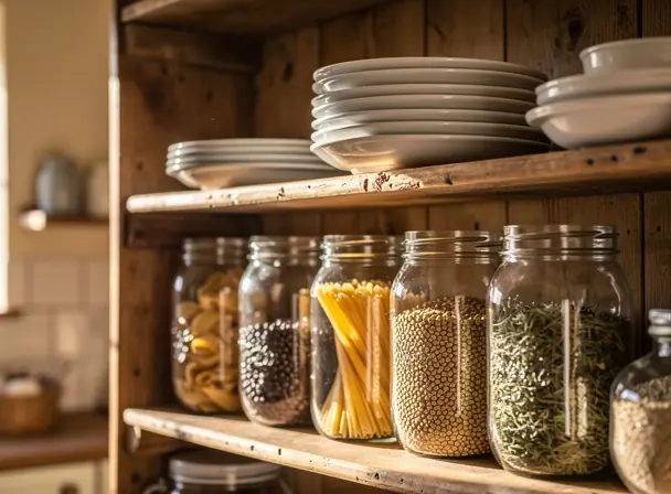 Rustic wooden shelves inside a countryside guesthouse kitchen, stacked white plates, glass jars and natural warm lighting, cozy and authentic atmosphere, high resolution interior photography
