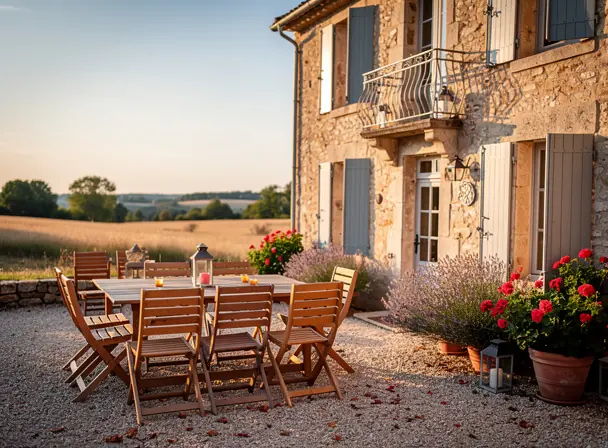 Charming French countryside guesthouse facade in golden hour light, stone walls with wooden shutters, outdoor terrace with tables and chairs, potted flowers, calm rural setting, warm and welcoming atmosphere, high resolution, natural colors, sharp details, lifestyle travel photography
