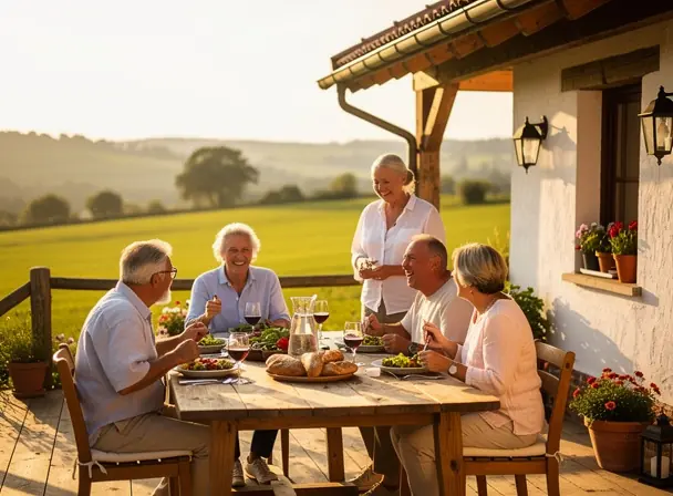 Family sharing a meal on a wooden terrace at a countryside cottage, warm evening light, relaxed and joyful atmosphere, rural landscape in background, authentic and natural scene, high resolution, lifestyle travel photography
