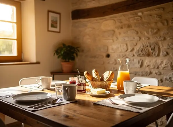 Cozy countryside guesthouse interior, wooden table set for breakfast, natural light coming through a window, stone wall details, warm and inviting atmosphere, simple table setting, high resolution, lifestyle photography
