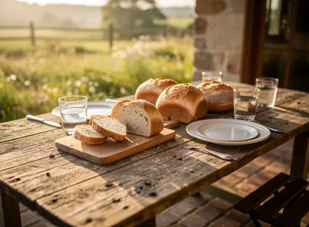Rustic wooden table on a countryside cottage terrace with fresh bread, plates and glasses, warm morning sunlight, peaceful rural atmosphere, natural colors, high resolution lifestyle photography
