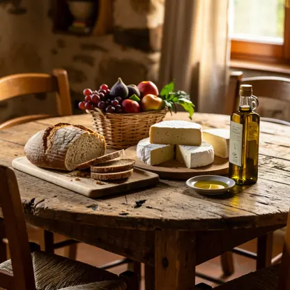 Rustic wooden table with local products, bread, cheese, fruits and olive oil inside a countryside guesthouse, warm natural light, authentic atmosphere, high resolution lifestyle photography
