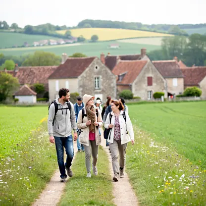 Group of people walking on a countryside path near a small French village, green fields, authentic rural atmosphere, natural daylight, lifestyle travel photography, high resolution
