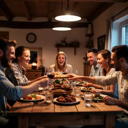 Friends sharing a meal around a wooden table inside a countryside guesthouse, warm evening lighting, relaxed and joyful atmosphere, authentic lifestyle photography, high resolution
