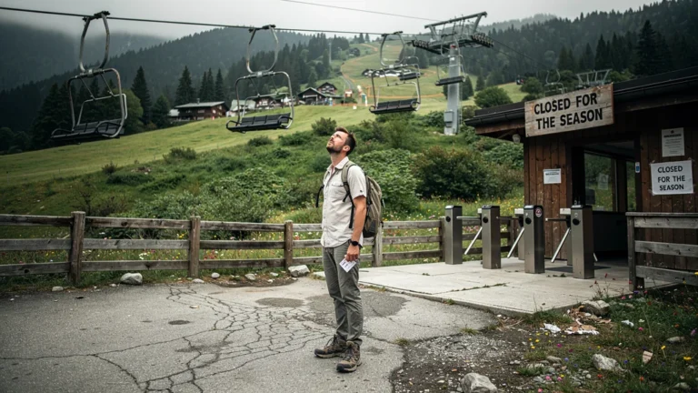 Homme déçu devant un télésiège fermé en été après avoir gaspillé 60€ de transport