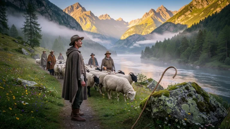 Convoi de transhumance dans la vallée du Garbet au lever du jour, moment de transformation à 30 ans