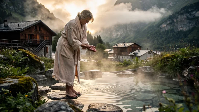 Femme lors d'une cure d'eau aux sources soufrées d'Aulus-les-Bains au cœur des Pyrénées