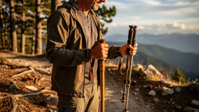 Hiker comparing bâtons télescopiques et classiques après 500 km de sentier en pleine nature