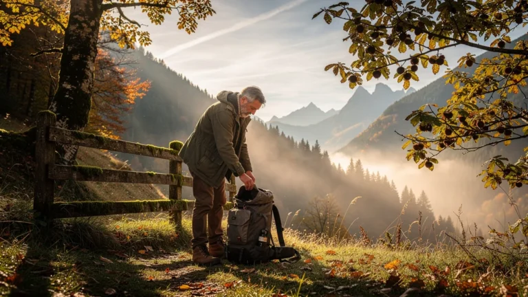 Homme préparant son sac à dos à l'aveugle un matin d'octobre dans le Couserans en pleine nature