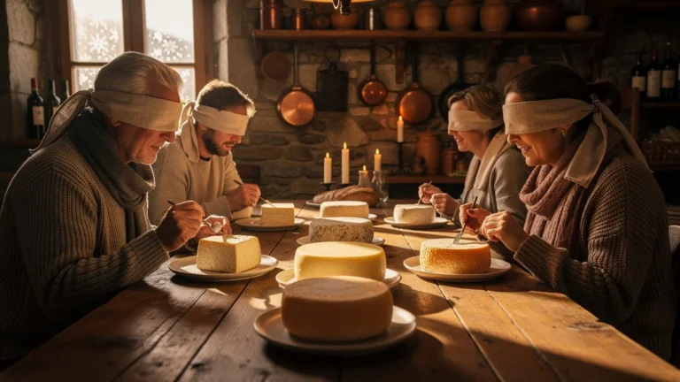 Dégustation à l’aveugle de cinq fromages de Bethmale sur une table en bois dans un gîte montagnard