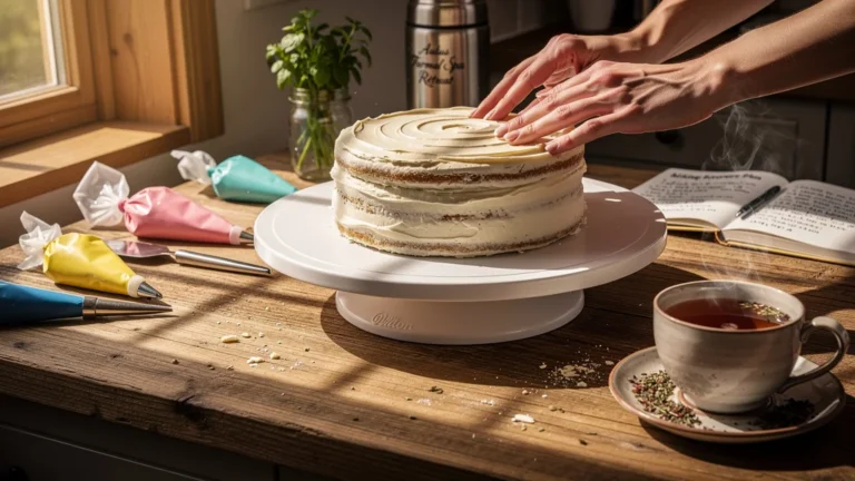 Photographie réaliste d’un plateau tournant Wilton lissant un gâteau maison dans une cuisine lumineuse