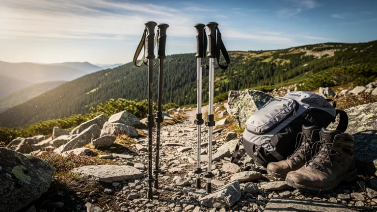 Comparaison ultra-réaliste de deux paires de bâtons carbone et alu sur sentier rocheux d’Aston