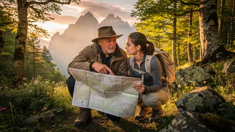 Guide ariégeois patient expliquant l’usage d’une carte IGN en montagne à une randonneuse attentive