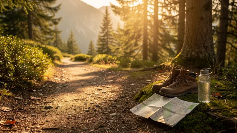 Hiker examining blistered, burning feet après quatre randonnées, ambiance forêt alpine en lumière dorée