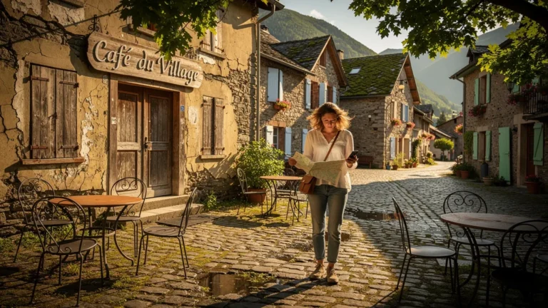 Fermeture dominicale du café à Auzat, village désert avec une personne frustrée devant la porte fermée