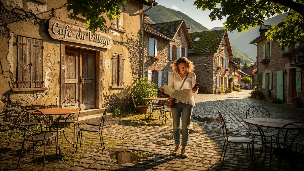Fermeture dominicale du café à Auzat, village désert avec une personne frustrée devant la porte fermée