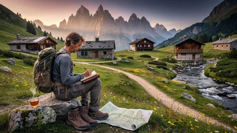 Cinq refuges ariégeois d'été avec un randonneur prenant des notes, paysage de montagne en lumière dorée