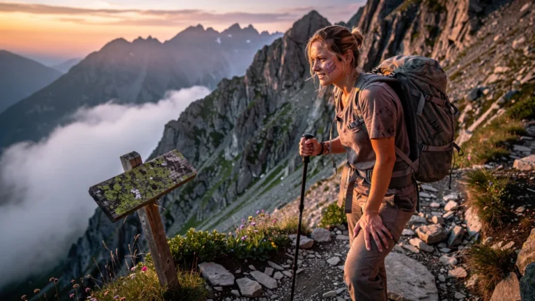 Randonneuse épuisée après une longue montée vers un gîte abordable en montagne