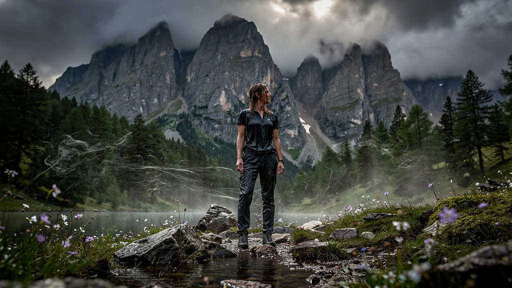 Femme trempée après orage d'été au pied du Mont Valier, ambiance humide et ciel orageux dramatique