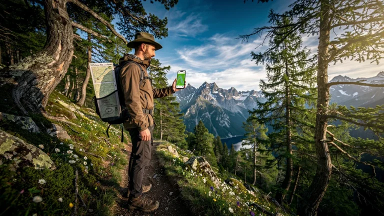 Hiker testing Komoot et Avenza Maps hors sentier en haute-Ariège sur un sentier montagneux sauvage