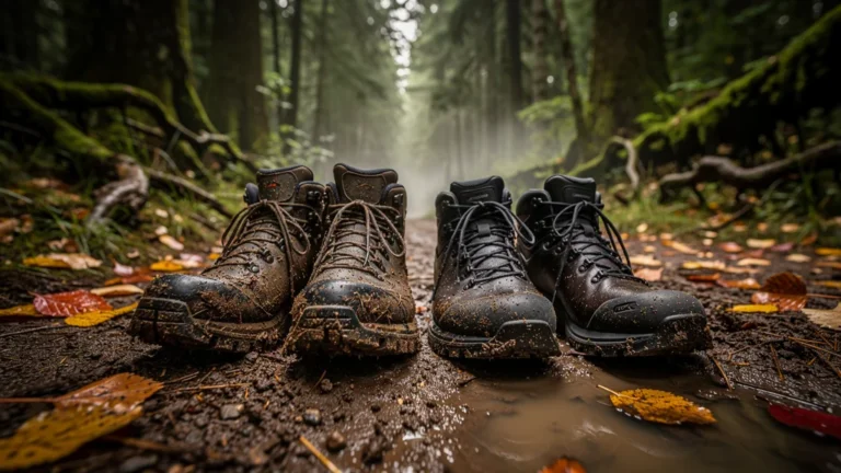 Deux paires de chaussures de randonnée boueuses testées sur un chemin humide de 15 km