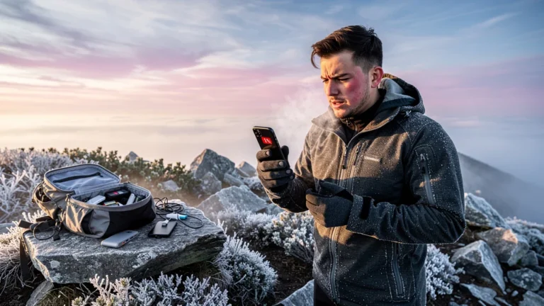 Photo réaliste d’un randonneur surpris par la décharge rapide de sa batterie à 2°C en crête montagneuse