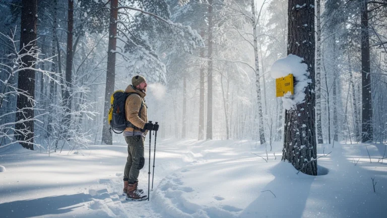 Sentier balisé jaune disparu sous la neige dans une forêt hivernale enneigée, hiker perdu