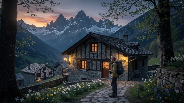 Gîte d'étape accueillant à Aulus, village de montagne au crépuscule, atmosphère chaleureuse et nature environnante