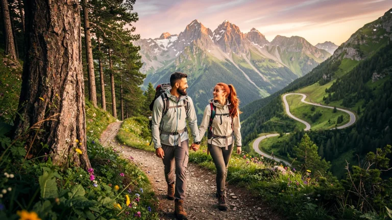 Couple heureux en randonnée sur un sentier accessible en Haute-Ariège, paysages montagneux et nature préservée