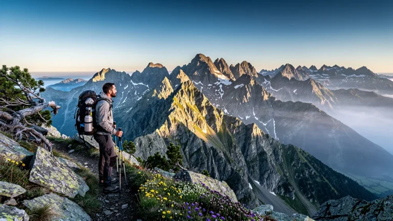 Panorama du Massif du Carlit avec randonneur solitaire pour boucle de trois jours en isolement
