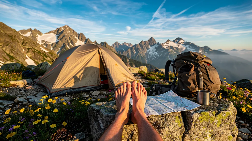 Bivouac à 1900m en juillet avec pieds nus racontant l'altitude en pleine nature montagneuse