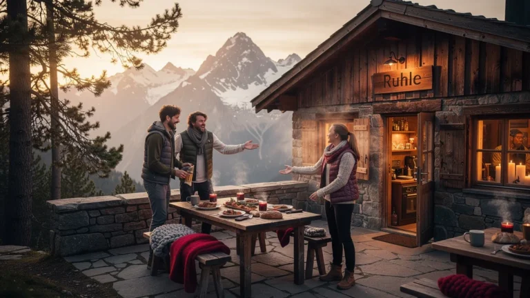 Couple transformé par une soirée au refuge Ruhle en montagne, ambiance chaleureuse et lumineuse au crépuscule