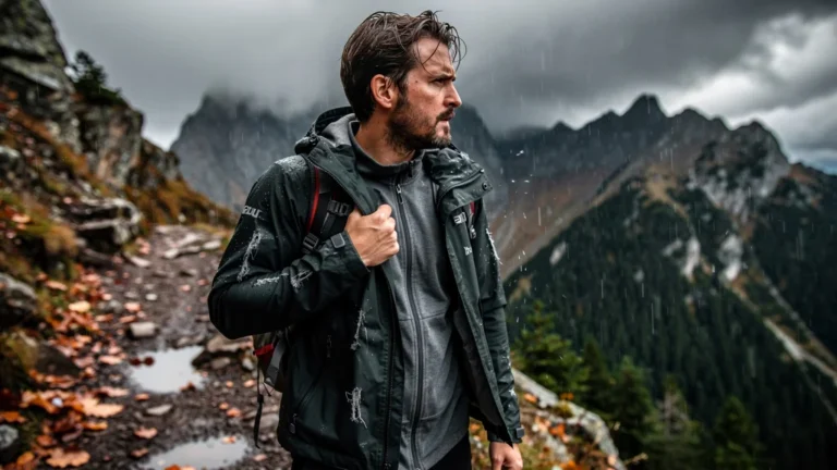 Homme en veste imperméable mal adaptée au sport en montagne sous la pluie, regret de l’erreur à 180€