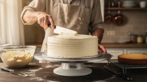 Wilton turntable lissant un layer cake maison sur un plan de travail en bois, test culinaire précis en cuisine