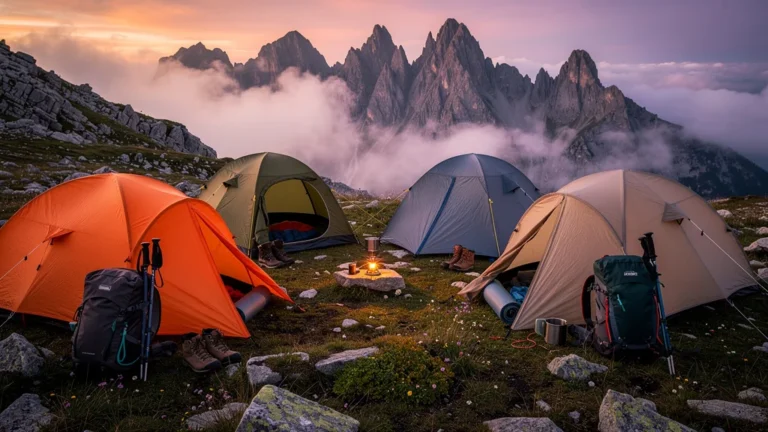 Quatre tentes deux places testées lors d’un bivouac en haute Ariège avec paysages montagneux au crépuscule