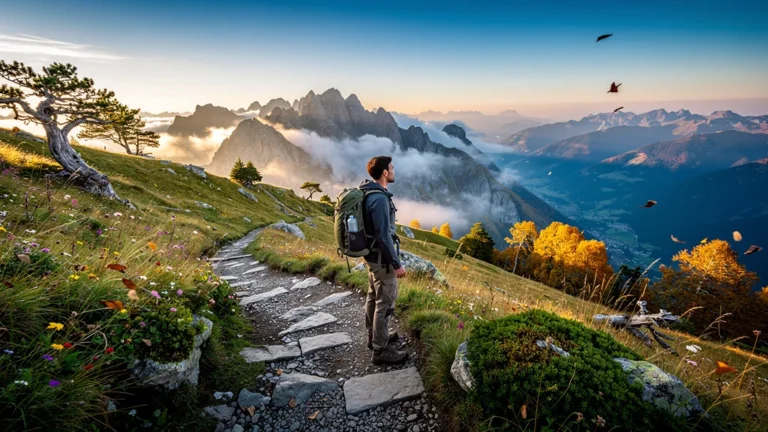 Hiker enjoying first-time Pyrenees trek in July or September, vibrant summer and autumn landscapes mix