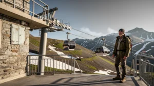 Téléphérique de Bonascre hors saison avec paysage montagneux désert et air froid sec de printemps