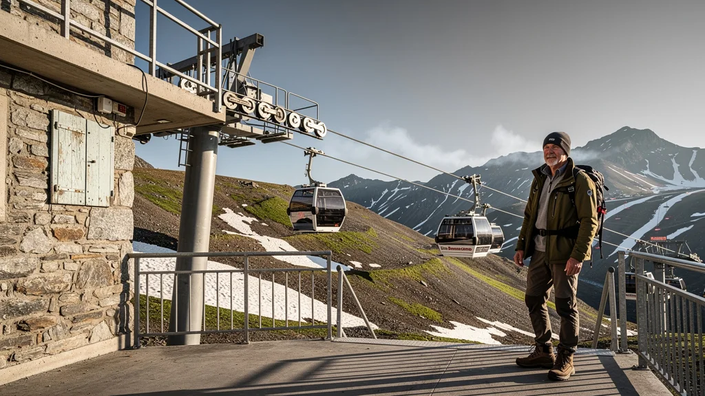 Téléphérique de Bonascre hors saison avec paysage montagneux désert et air froid sec de printemps