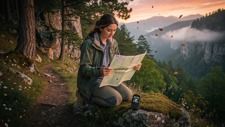 Randonneuse en Ariège utilisant un topo IGN papier après que son GPS se soit perdu en montagne