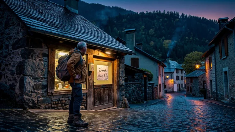 Village de Vicdessos avec boutique fermée et voyageur frustré sous lumière crépusculaire réaliste