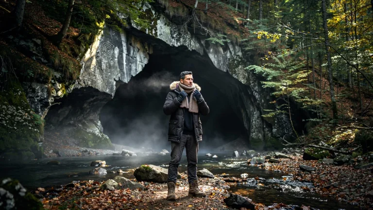Visiteur en tenue chaude à l'entrée des grottes de Niaux sous une lumière automnale réaliste