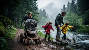 Famille en balade difficile dans la vallée d'Orlu avec poussette sur sentier glissant et boueux