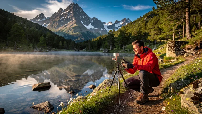 Photo hyper-réaliste de la boucle des étangs de Rabassoles et Tarbésou en Pyrénées à la golden hour