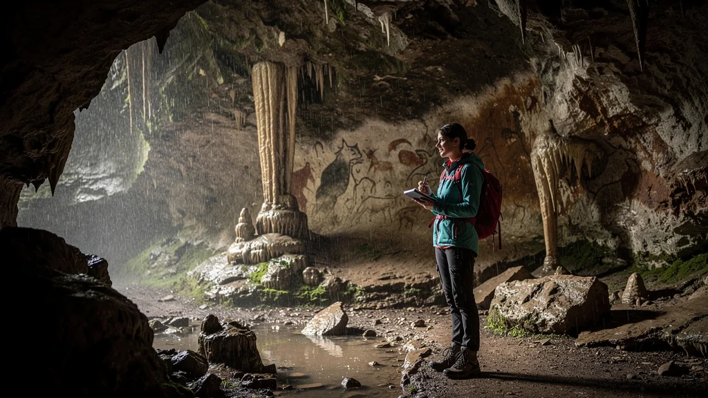 Exploratrice admirant l’intérieur humide et lumineux de la grotte de Bédeilhac par temps de pluie