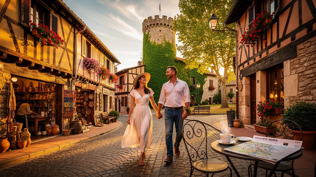 Couple explorant le patrimoine à Foix ou Mirepoix lors d'une journée romantique culturelle