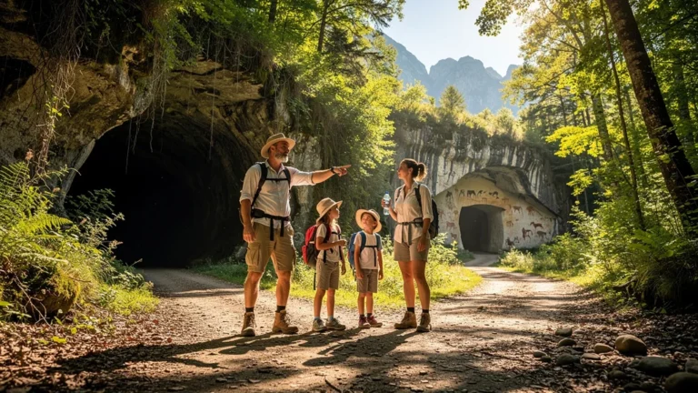 Famille choisissant entre la grotte de Niaux et Lombrives lors d’une chaude journée d’été
