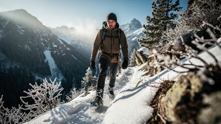 Hiker testing two lightweight crampons on icy Donezan trail in March, capturing descente surprise